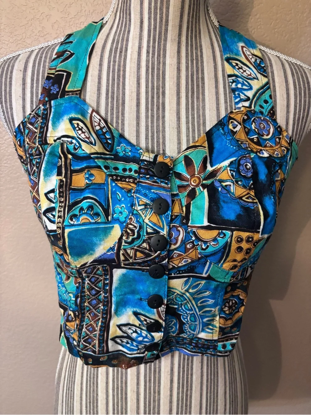 Y2K Halter Crop Top Small WONDER Blue Yellow Patchwork with Button Front - Picture 3 of 14